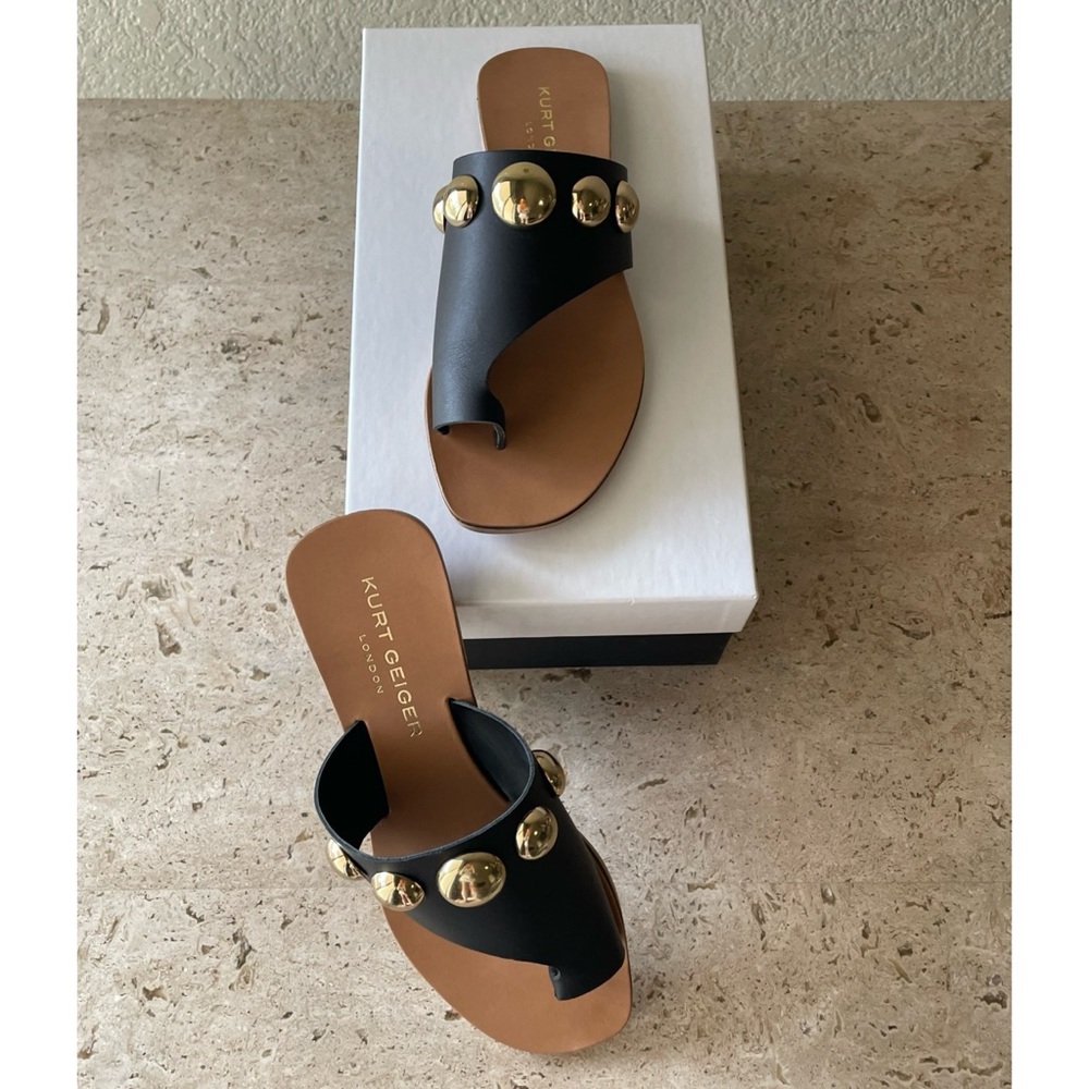 KURT GEIGER Black Leather Gold Ball Studded Toe Ring Sandals - EU 38 / 7.5-8 NIB - Picture 13 of 14